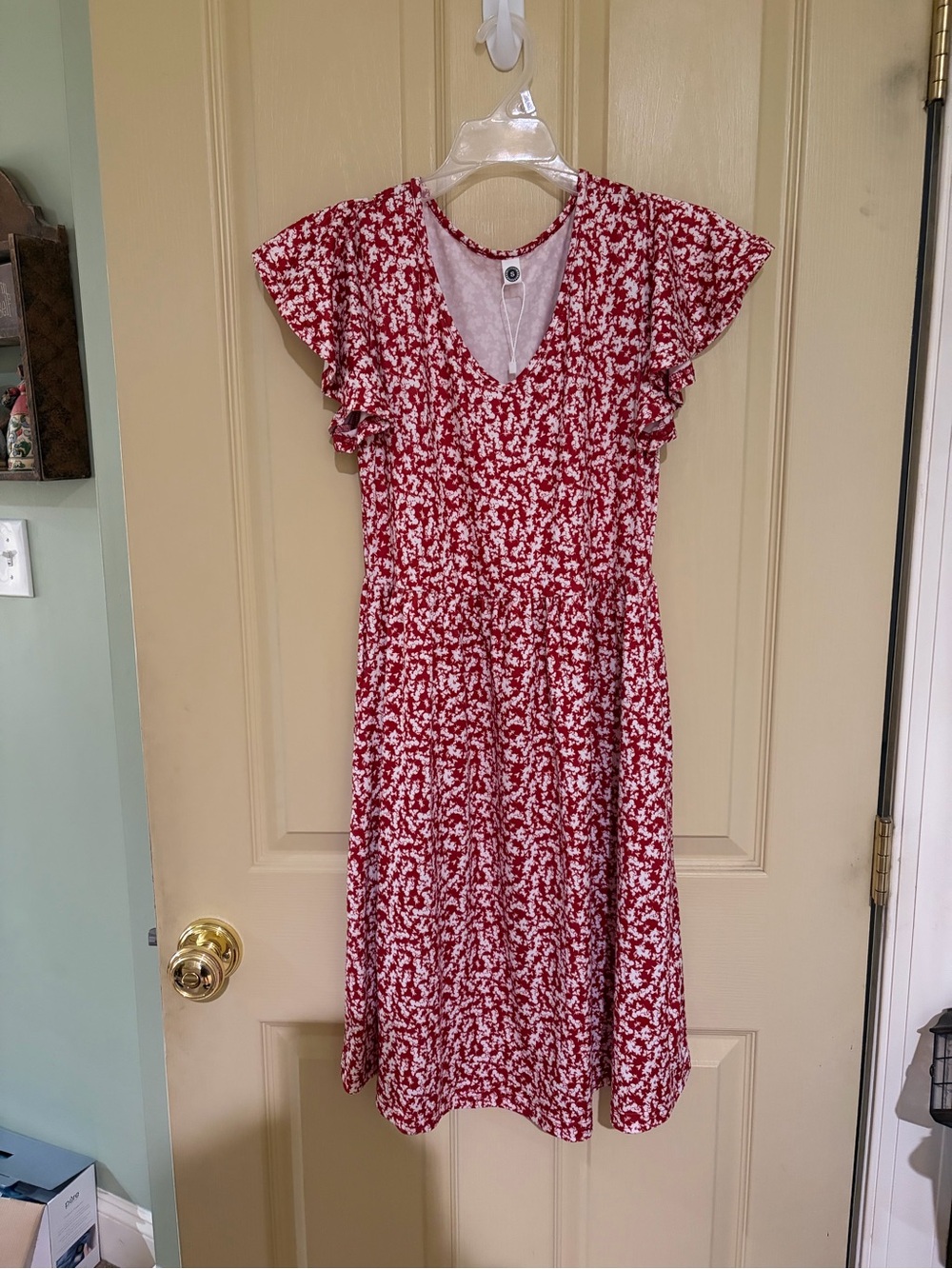 Red Floral V-Neck Flutter Sleeve Dress